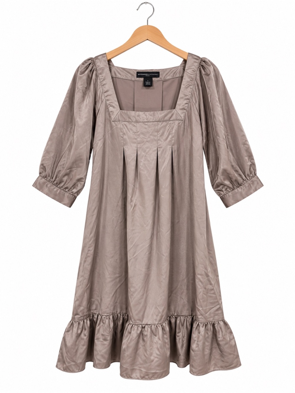 Vertigo Paris Taupe Satin Square Neck Ruffle Hem Dress Size M - Picture 3 of 5